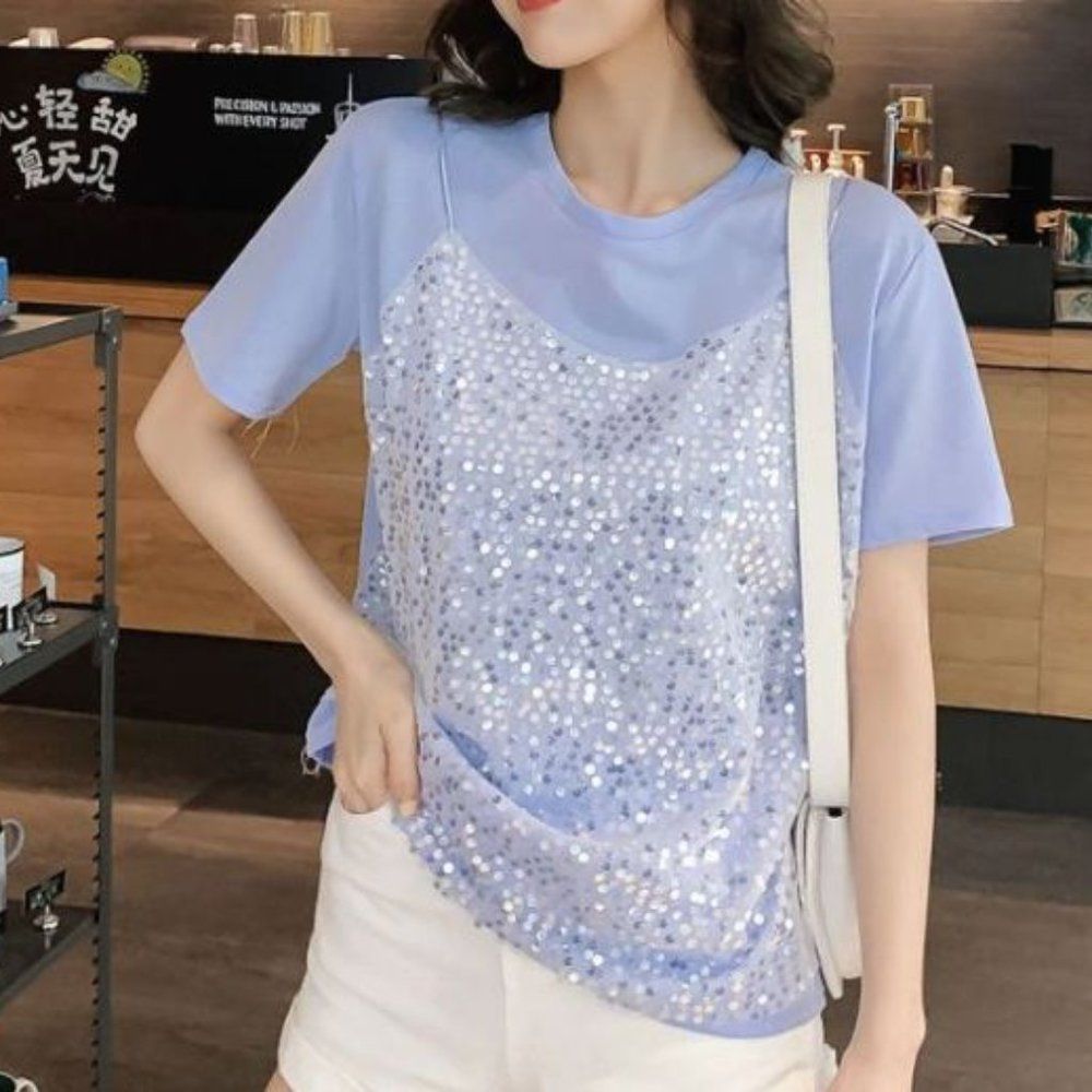 Mock Two-Piece Short-Sleeve Sequined Top